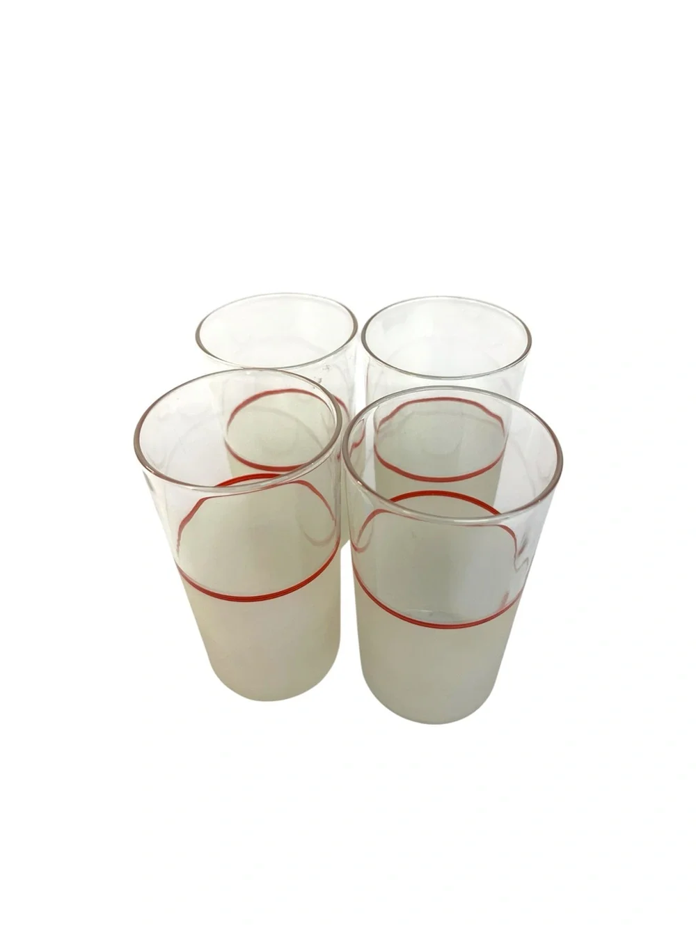 Vintage Mid Century Frosted Highball Glasses Red Stripe Band MCM Tumblers 4.75